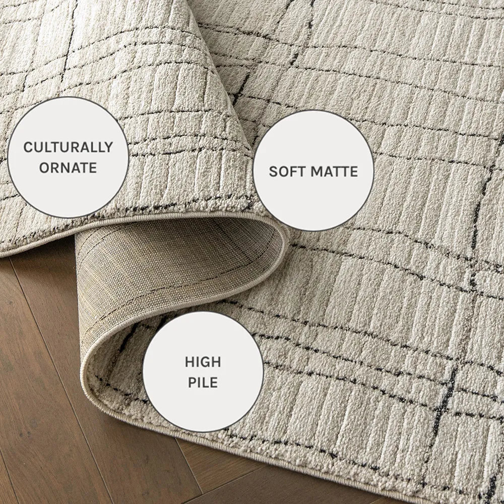 Zen Bianca - Charcoal Wavy Grid Textured Beige Runner Carpet | Knot Home
