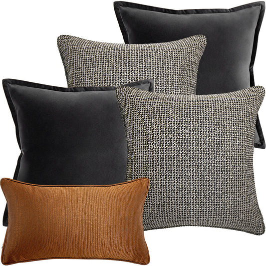 Alanis Bundle - Checks Pattern & Black Orange Velvet Cushion Set | Knot Home