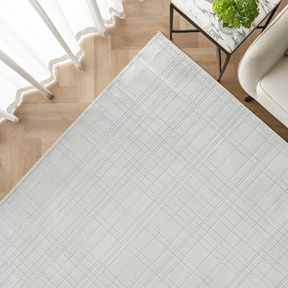 Corvin Sandy - Ivory Grey Grid Patterned Geometric Carpet Online | Knot Home