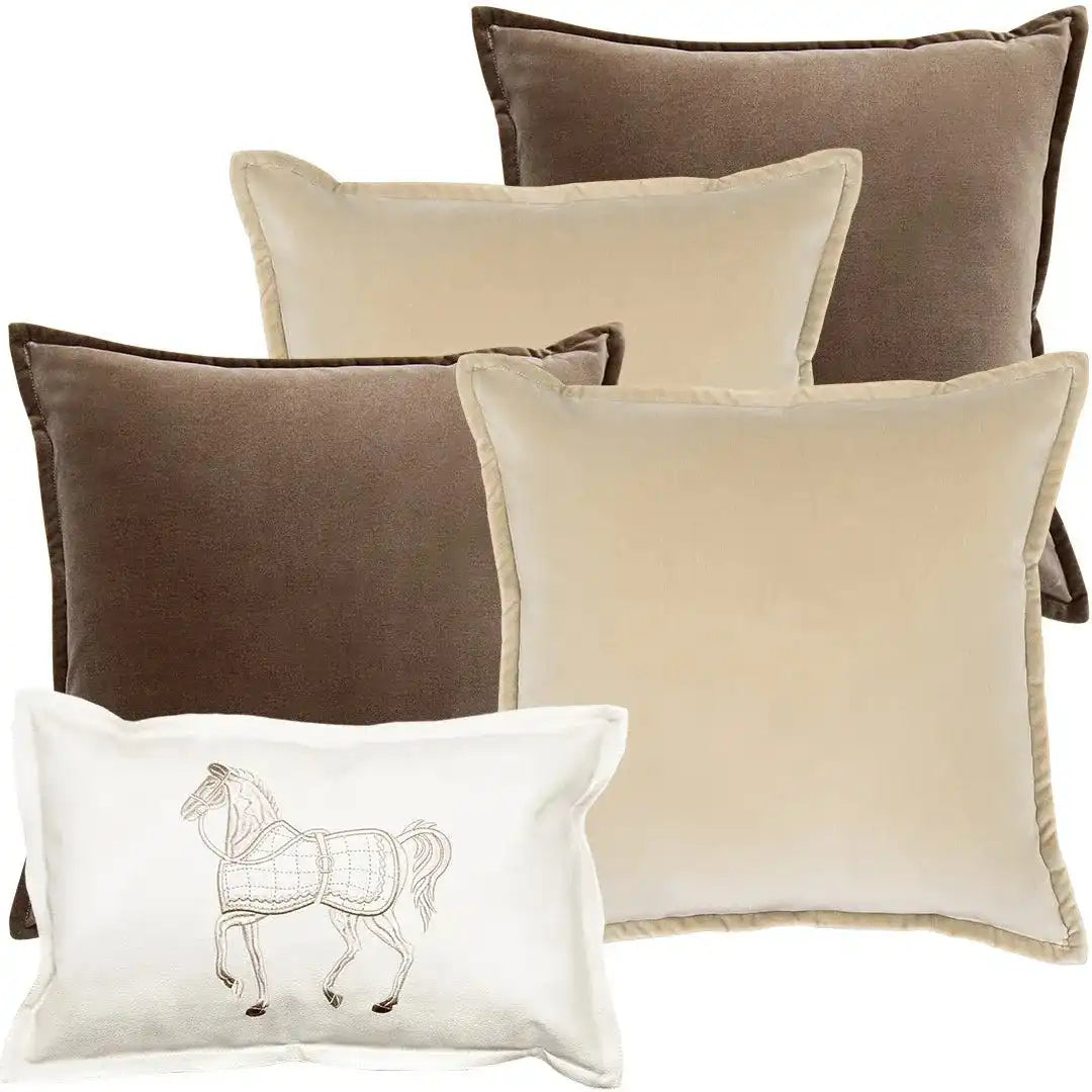 Nadine Bundle - Beige Brown Velvet Cushion with Horse Motif Accent Cushion | Knot Home