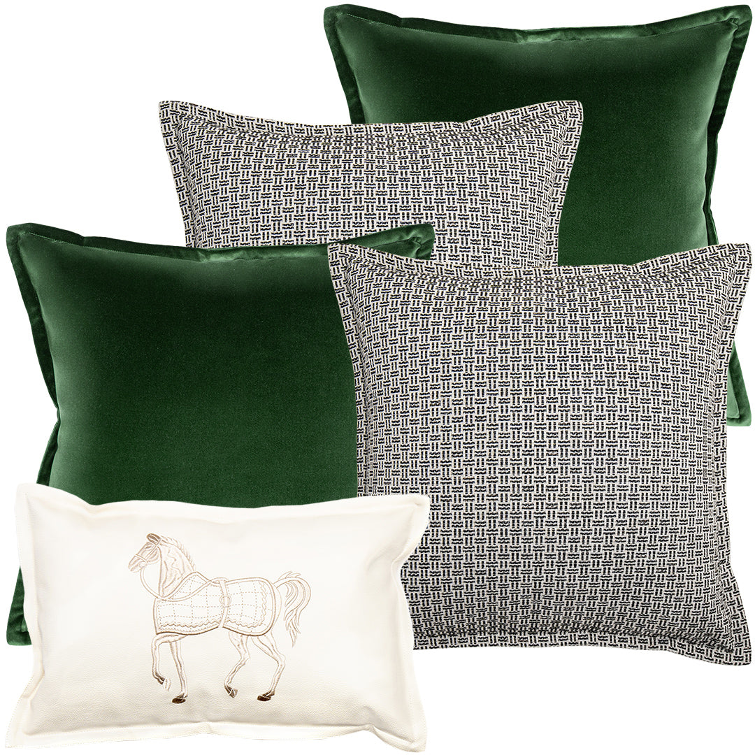 Amadeo Bundle - Green Velvet Black White Horse Motifs Cushion| Knot Home