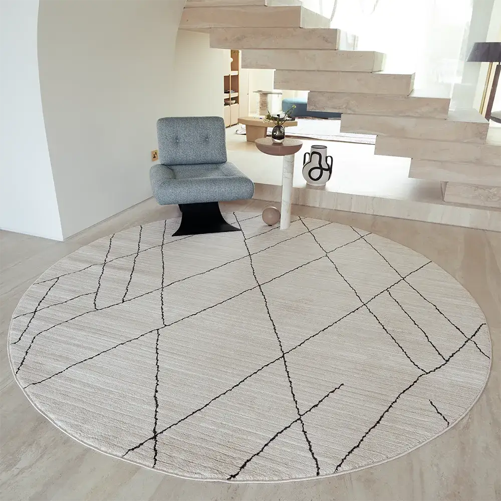 Zen Pearl Round - Charcoal Narrow Lines Geometric Ivory Carpet | Knot Home